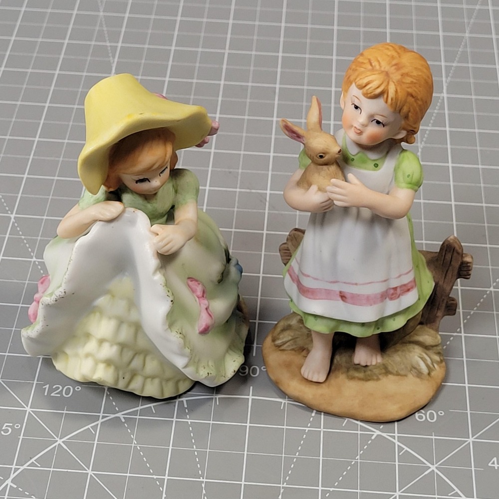 Vintage Lefton Girl Figurine Lot 2 Bunny Rabbit Bonnet Ceramic Japan Collectible